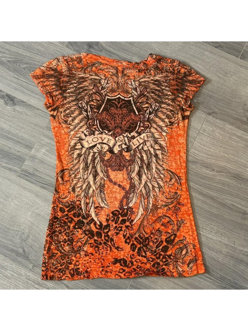 In Vein Shirt Womens XL Orange LOVE & LIVE Angel Wing Studded Rhinestone Tee Top
